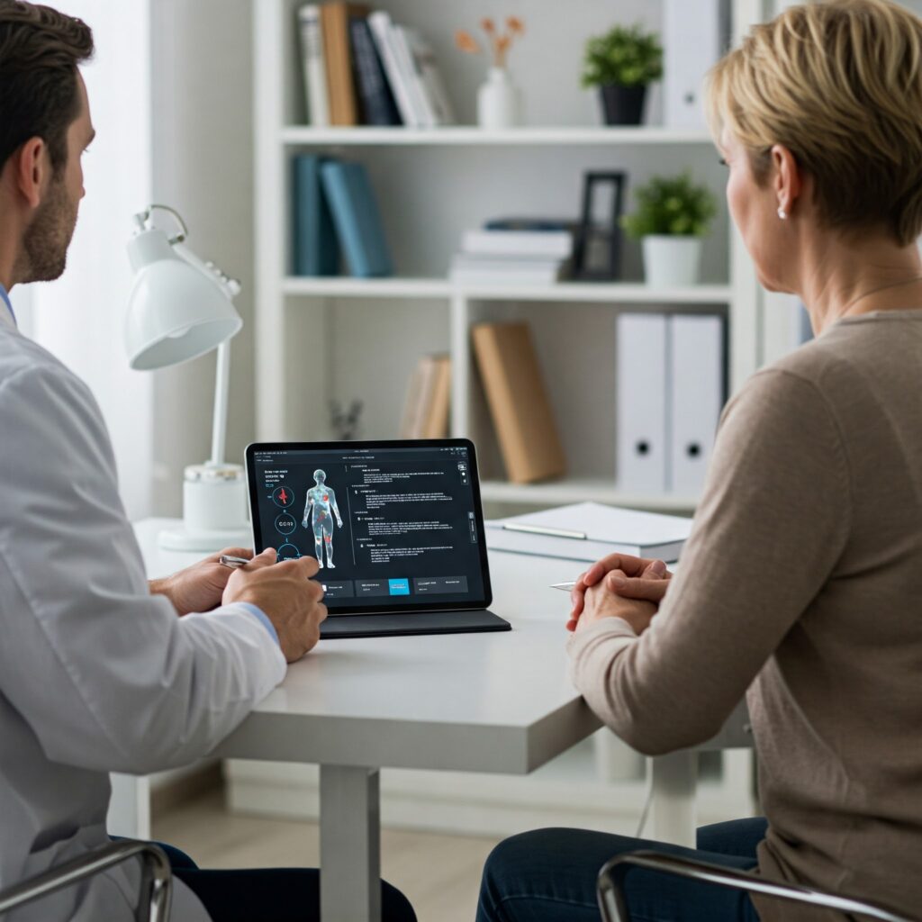 A doctor and patient review medical data and a human body diagram on a tablet during a consultation
