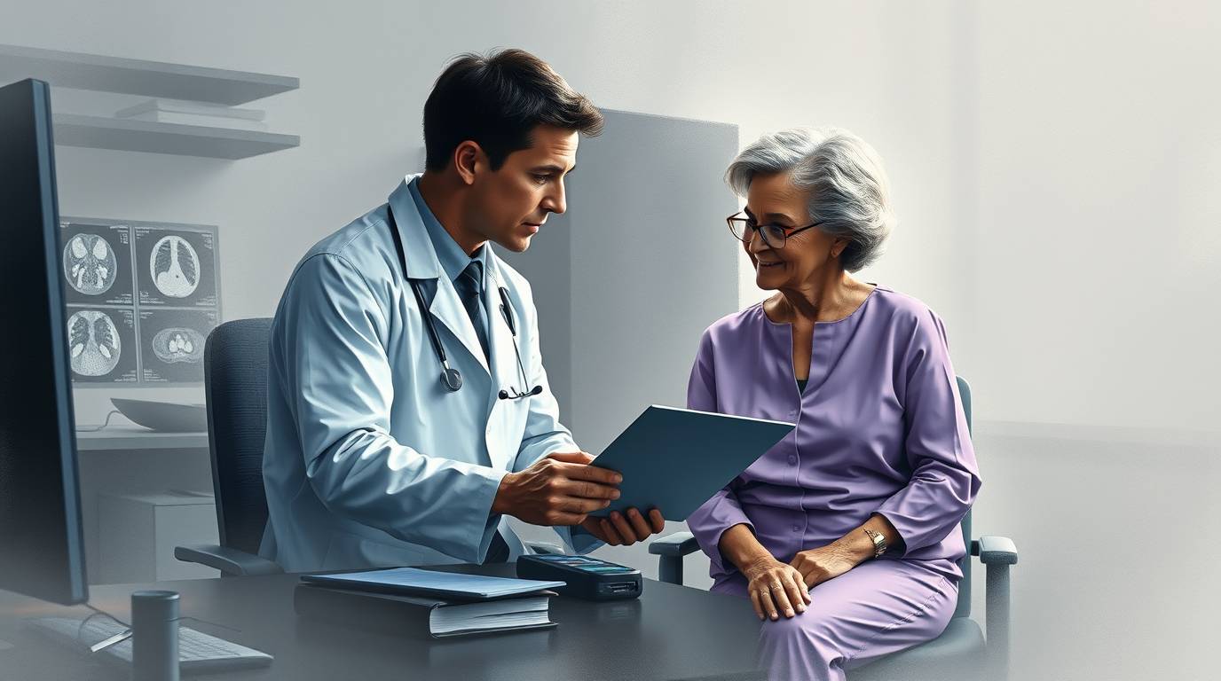 A doctor reviews medical records with an elderly patient in an office with diagnostic scans in the background