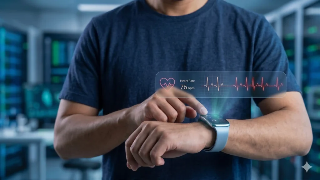 A person is looking at its smartwatch to track the generated ECG.