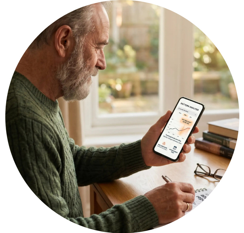 Senior person reading health data on smartphone and using digital tools to monitor health and make doctor appointment.