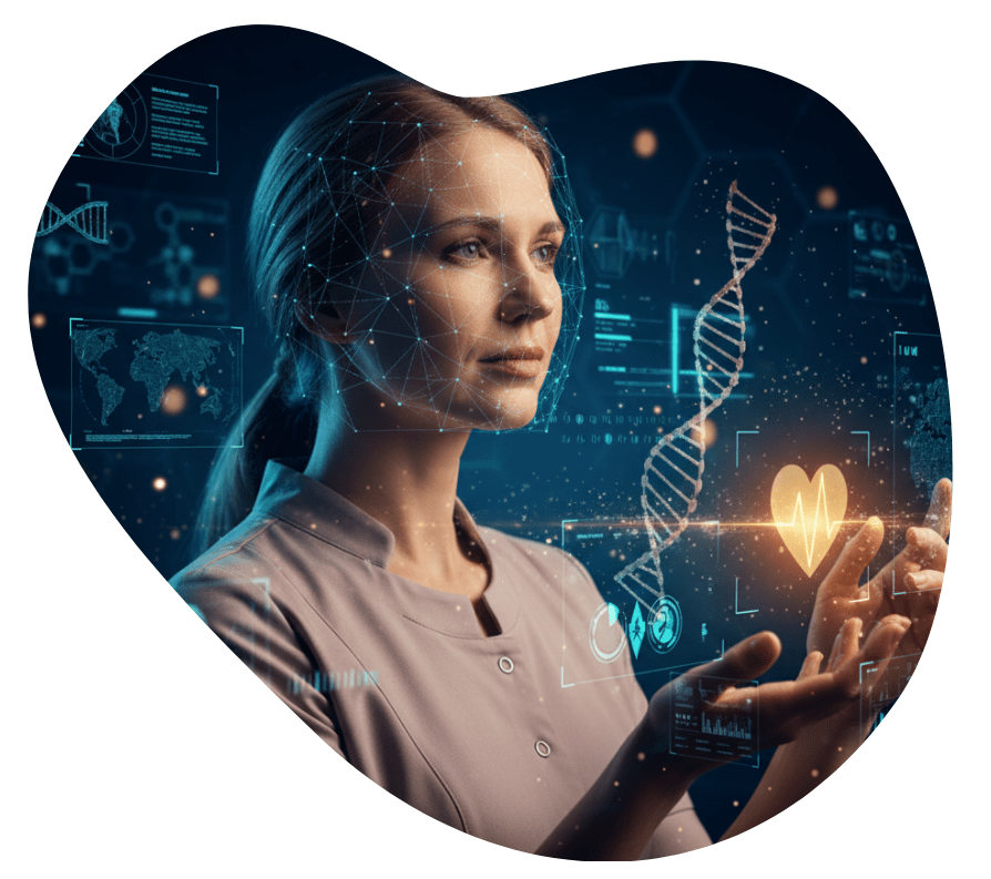 A woman surrounded by holographic medical data, including a DNA helix and a glowing heart with an EKG pulse